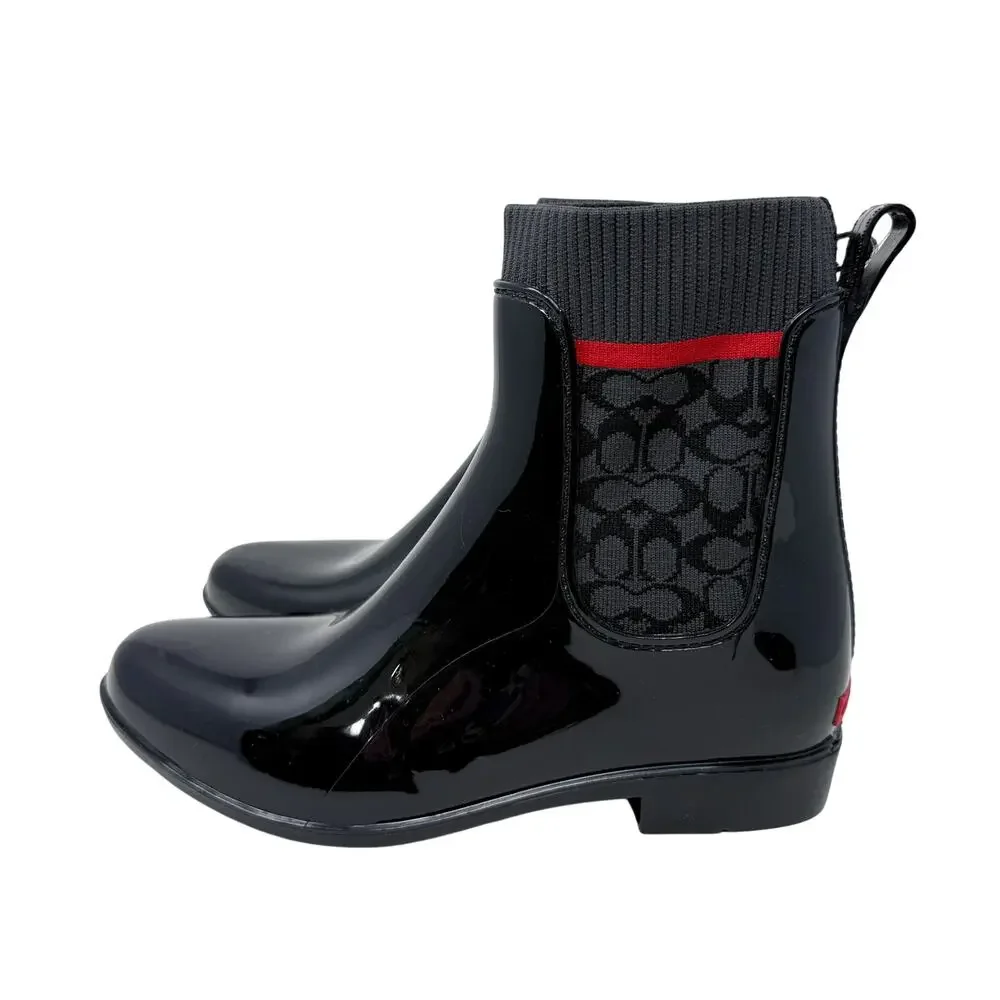 NWOB Coach Black/Red Rubber Chelsea Rain Boots Pull On Women's Size 9 Waterproof - Picture 3 of 8